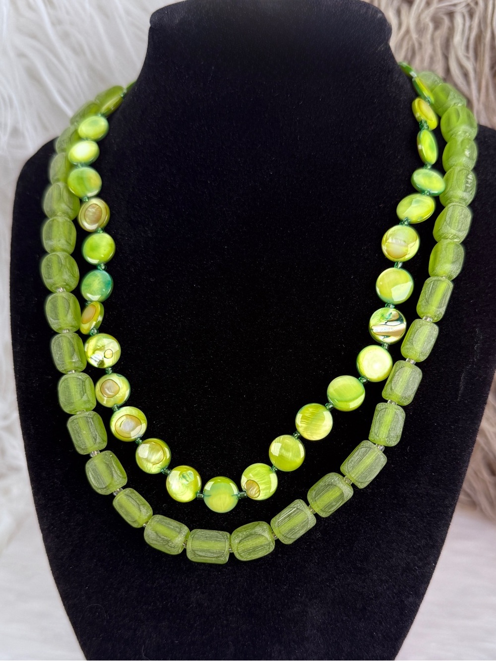 Vintage Green Beaded Double Strand Necklace Toggle Clasp Statement Boho Chic